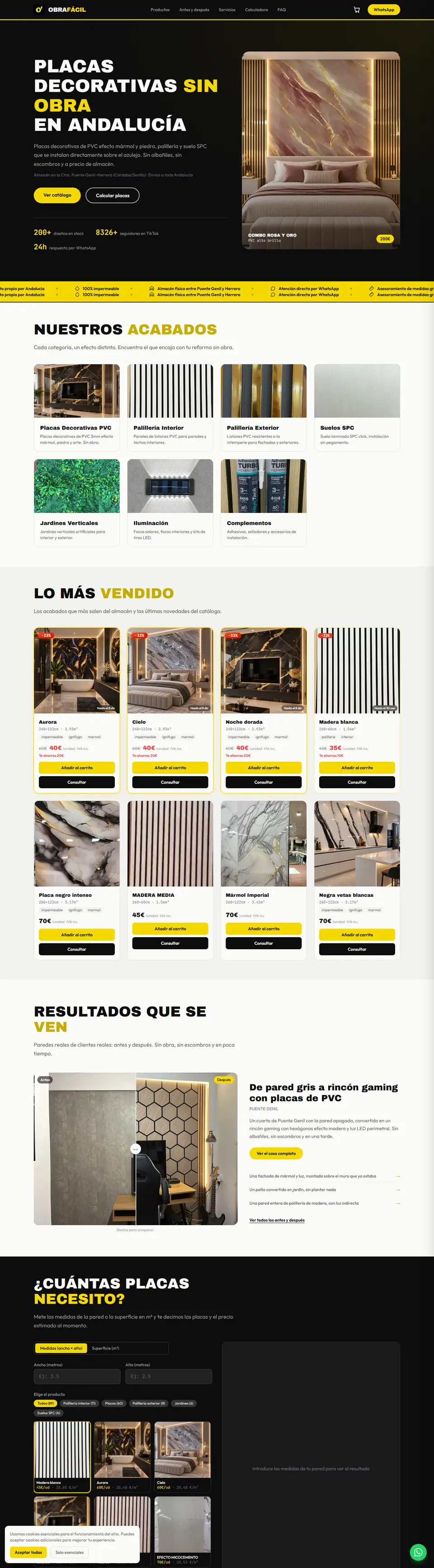 La web de ObraFácil, de arriba abajo